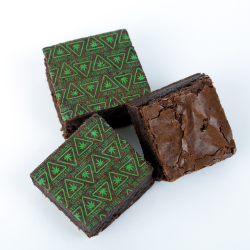 brownies marked with green cannabis leaf CONTAINS THC symbols imprinted on them