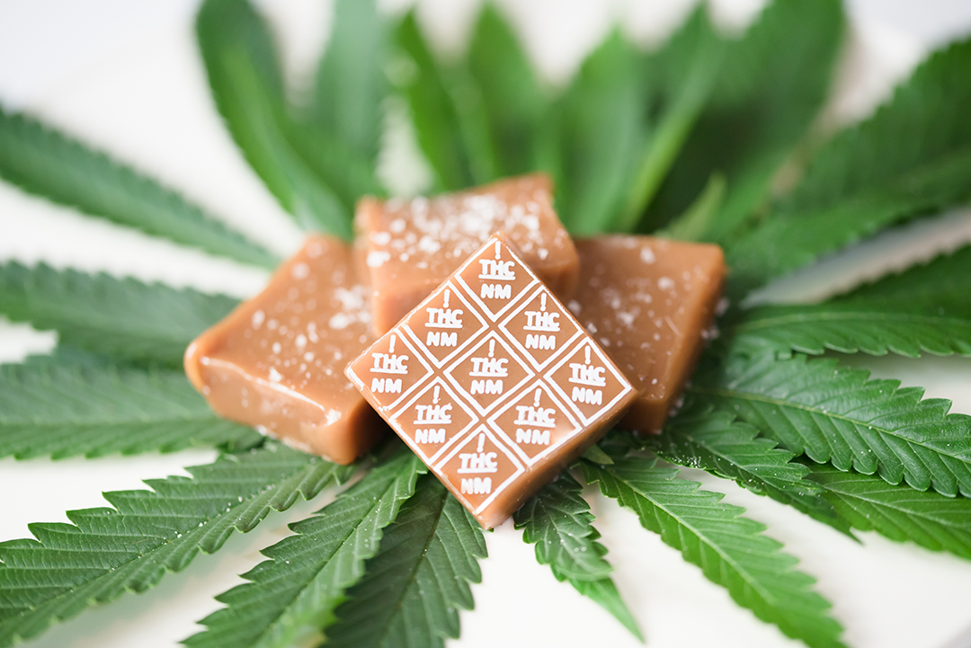 New Mexico THC symbol high heat transfers on caramels with cannabis leaves