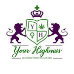 a logo with two purple lions next to a crest with the letters Y and H, along with a marijuana leaf and female symbol with a crown above it and the words "Your Highness: Elevating Women in Cannabis" below