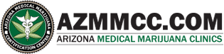 a green cannabis leaf medical symbol next to the words "AZMMCC.com Arizona Medical Marijuana Clinics"