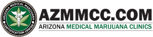 a green cannabis leaf medical symbol next to the words "AZMMCC.com Arizona Medical Marijuana Clinics"