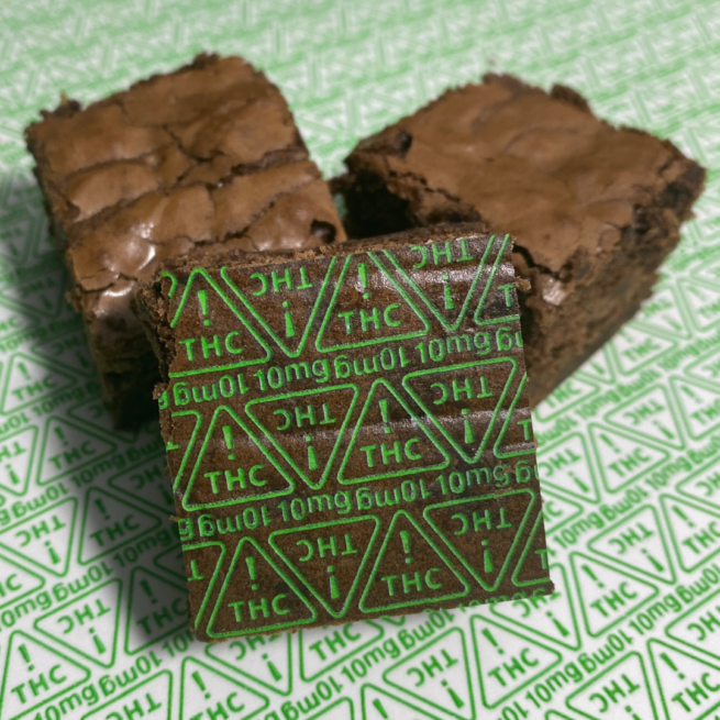 a brownie with green 10mg Nevada THC symbols